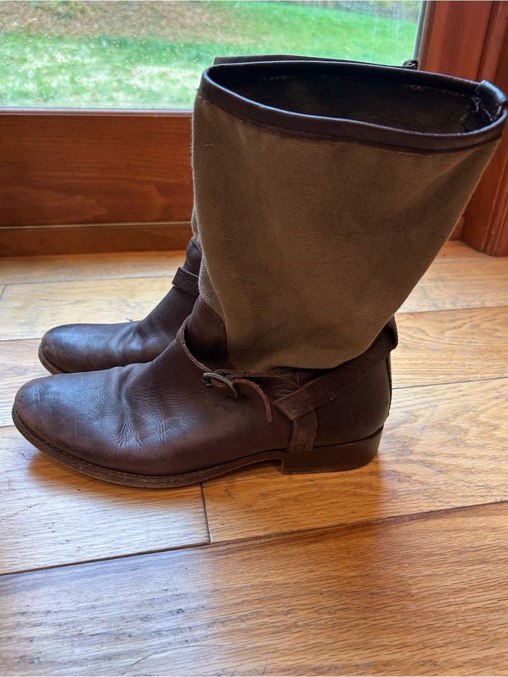 Frye Brown Leather and Tan Canvas Pull-On Boots